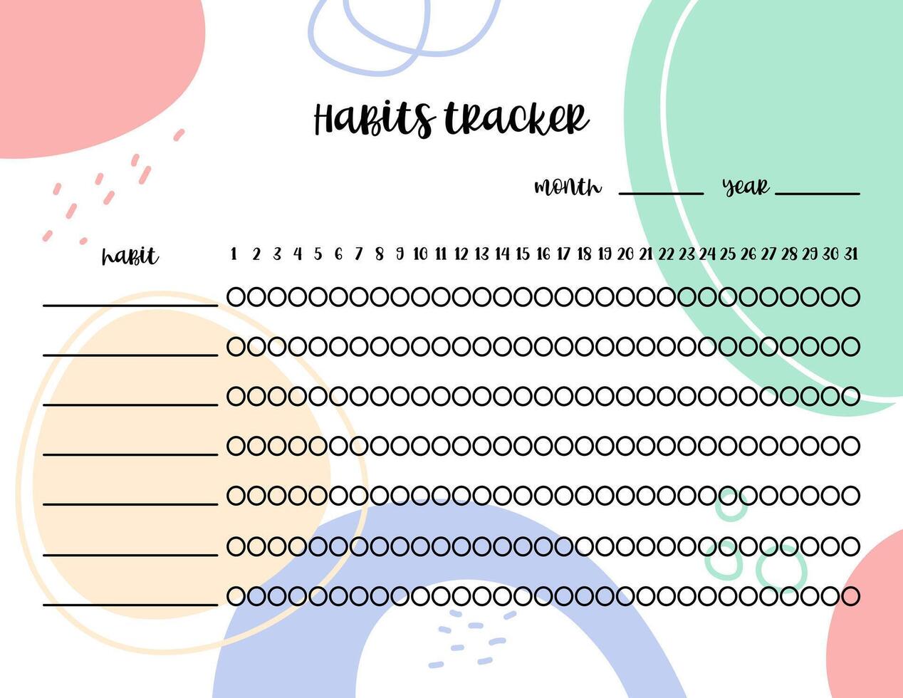 vanor tracker tryckbar mall. en gång i månaden kalkylblad layout för spårning vana. tom checklista vektor med abstrakt bakgrund