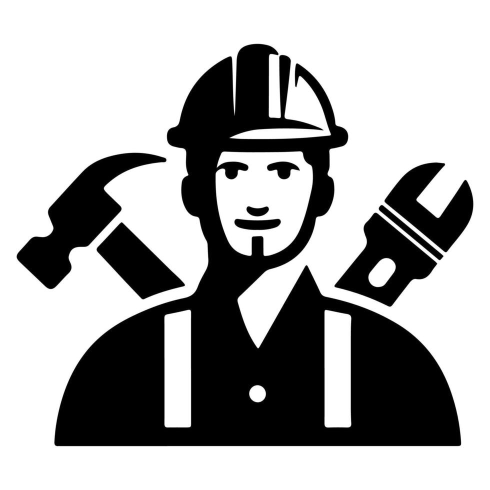 ai generiert einfach Arbeiter Mann Karikatur mit Werkzeug, Baumeister Konstruktion Logo einfarbig Symbol schwarz Silhouette Design Stil Vektor Illustration International Arbeit Tag Konzept