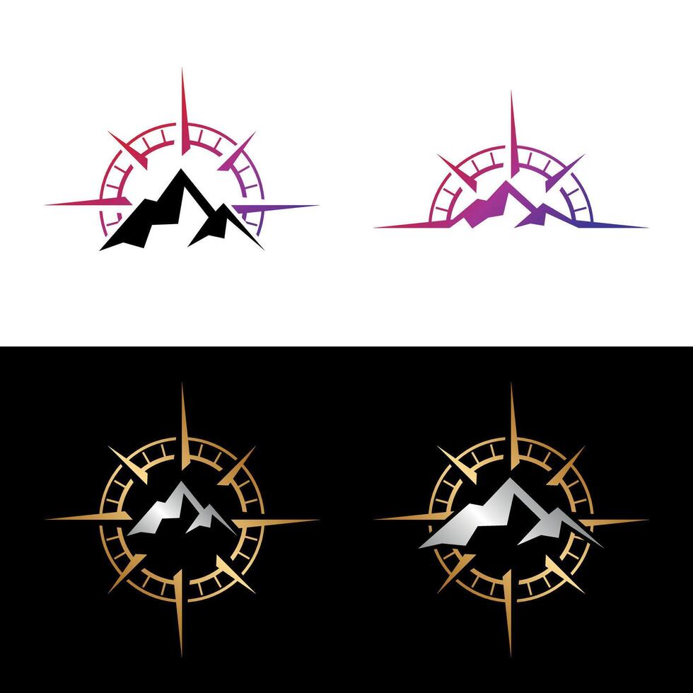 uppsättning berg kompass reste sig ikon vektor logotyp mall