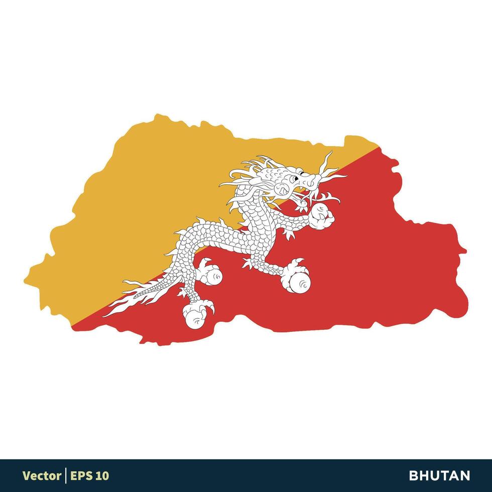 Bhutan - - Asien Länder Karte und Flagge Symbol Vektor Logo Vorlage Illustration Design. Vektor eps 10.