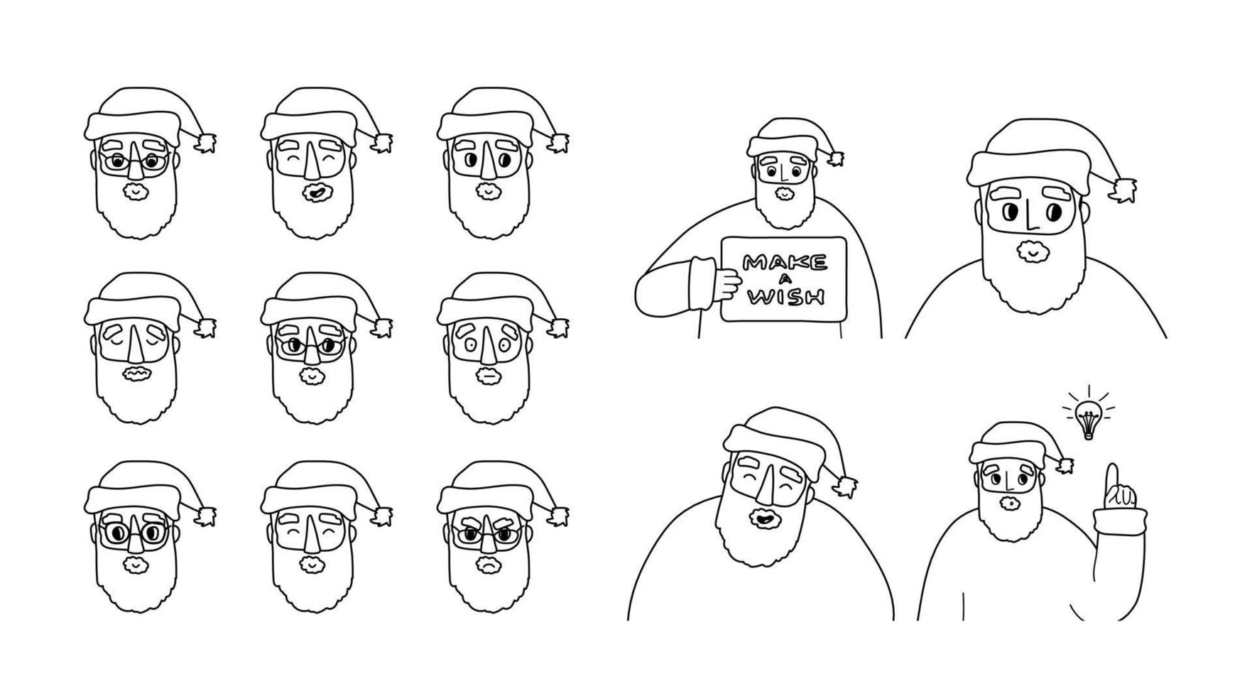 uppsättning av svart vit kontur jultomten känslor, avatarer. handritade vektorillustrationer isolerad på vit bakgrund. ny idé, tavla med text, skratt, skrattkoncept vektor