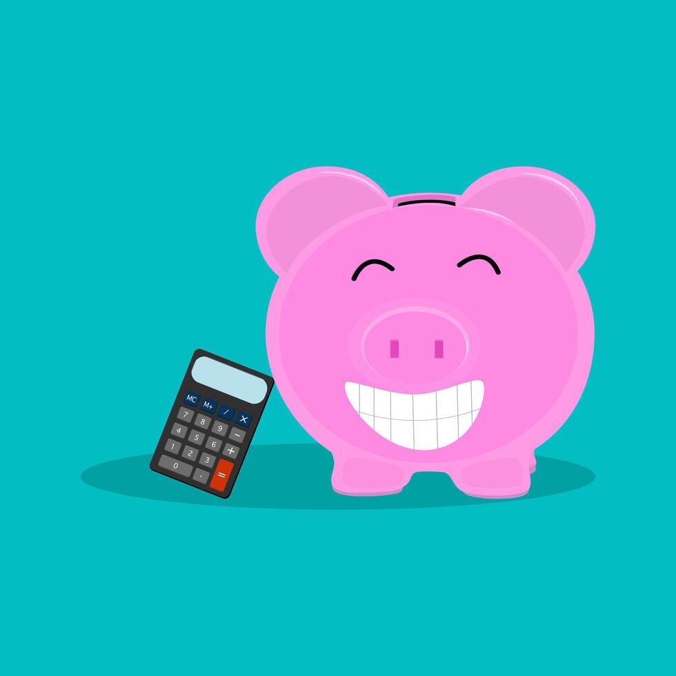 glücklich Schweinchen Bank und Taschenrechner vektor