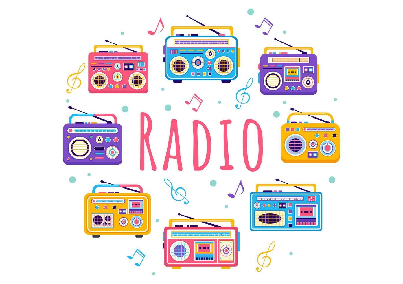 Radio Vektor Illustration mit ein Musical Instrument benutzt zu senden Signale zum aufzeichnen, alt Empfänger und Hören zu Musik- im eben Karikatur Hintergrund