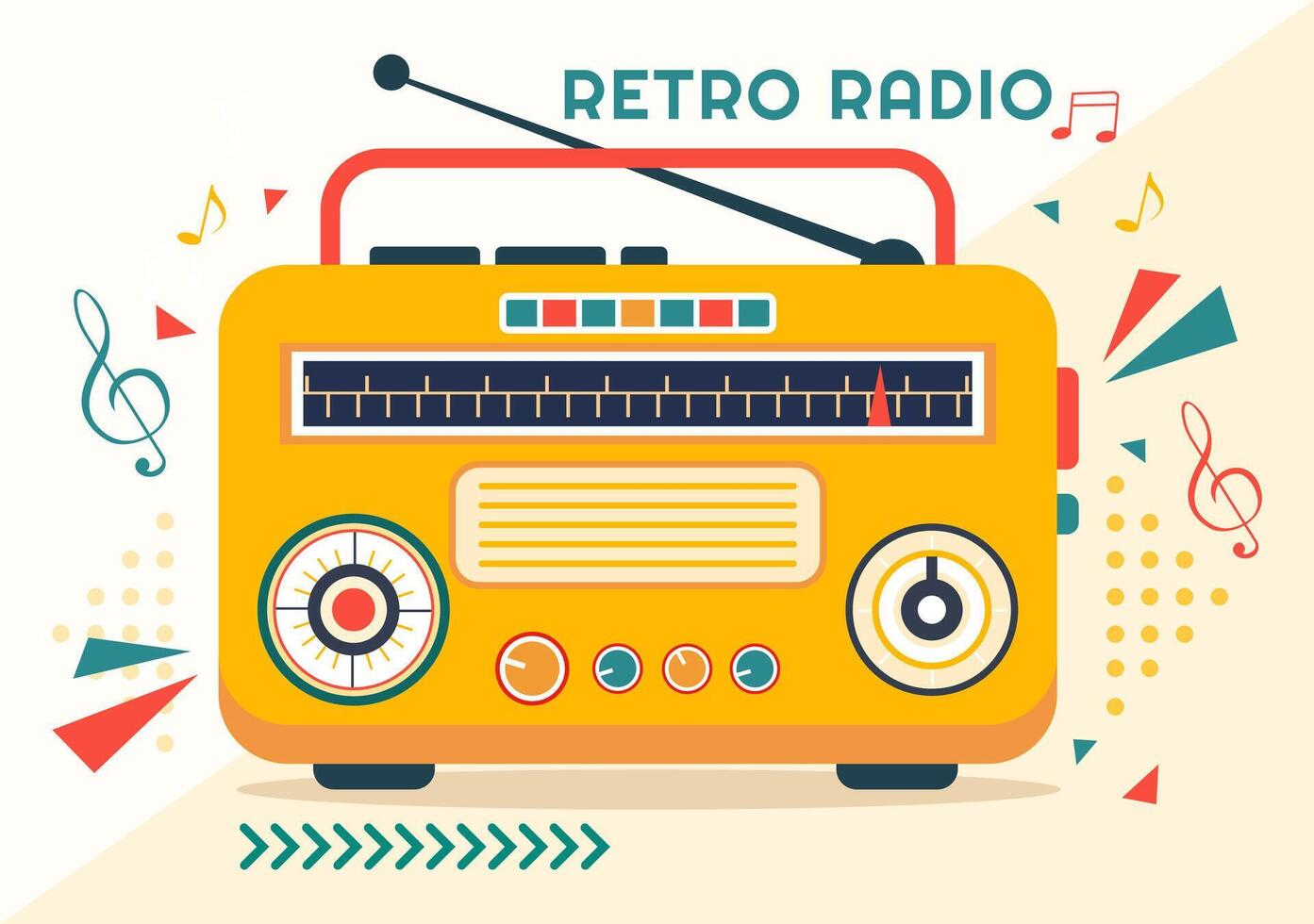 retro radio vektor illustration med spelare stil för spela in, gammal mottagare, intervjuer kändis och lyssnande till musik i platt tecknad serie bakgrund
