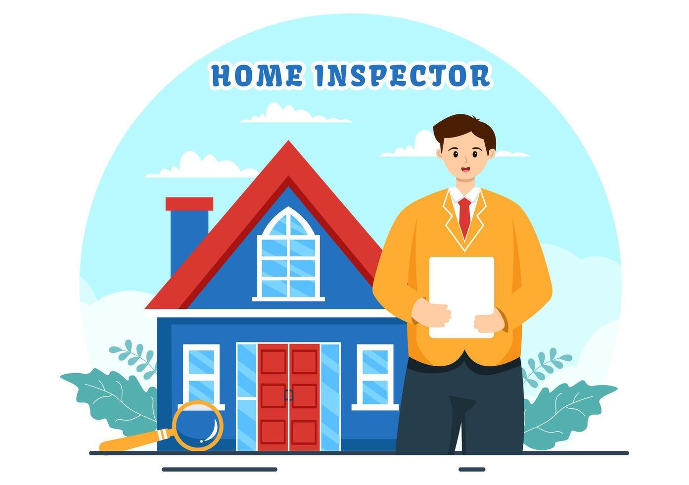 Zuhause Inspektor Vektor Illustration mit prüft das Bedingung von das Haus und schreibt ein Bericht zum Instandhaltung Miete Suche im eben Hintergrund