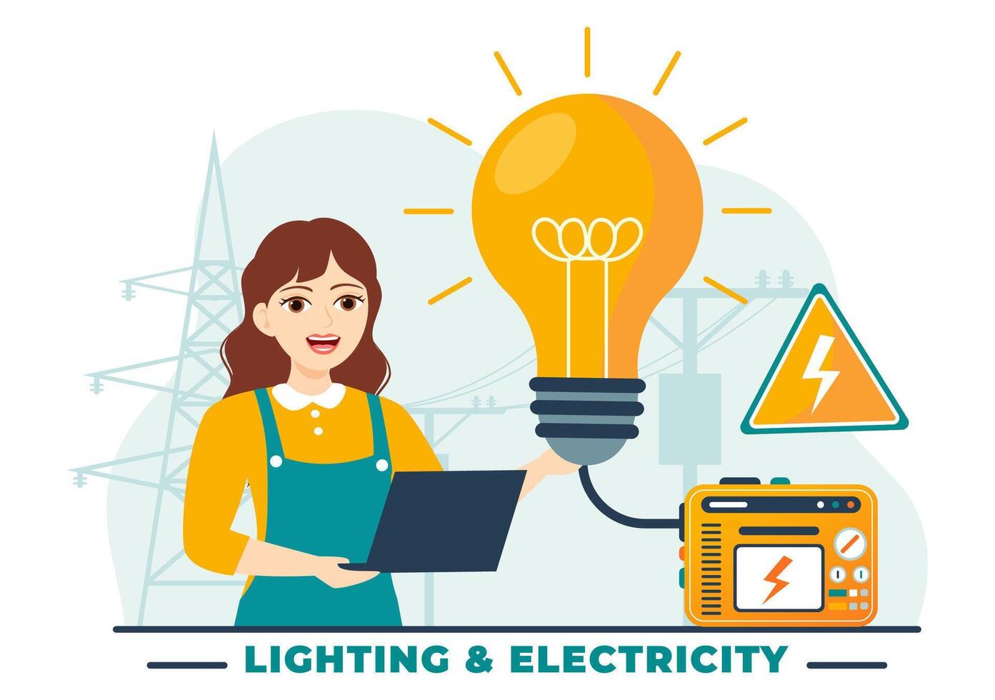 belysning och elektricitet vektor illustration med lampa och energi underhåll service panel skåp av tekniker elektrisk arbete på platt bakgrund