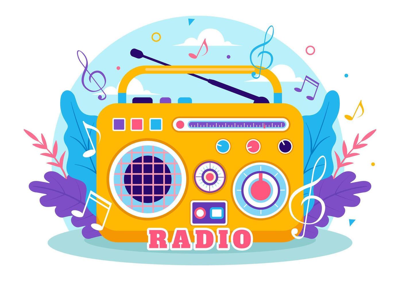 Radio Vektor Illustration mit ein Musical Instrument benutzt zu senden Signale zum aufzeichnen, alt Empfänger und Hören zu Musik- im eben Karikatur Hintergrund