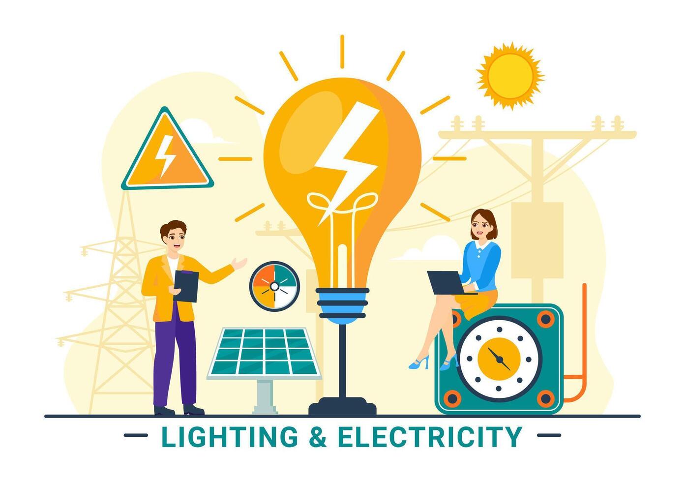 belysning och elektricitet vektor illustration med lampa och energi underhåll service panel skåp av tekniker elektrisk arbete på platt bakgrund