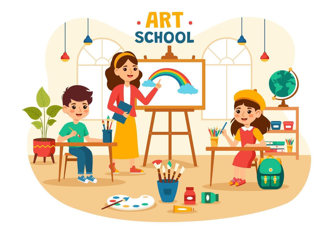 konst skola vektor illustration med barn av målning med leva modell eller objekt använder sig av verktyg och Utrustning i platt tecknad serie bakgrund design