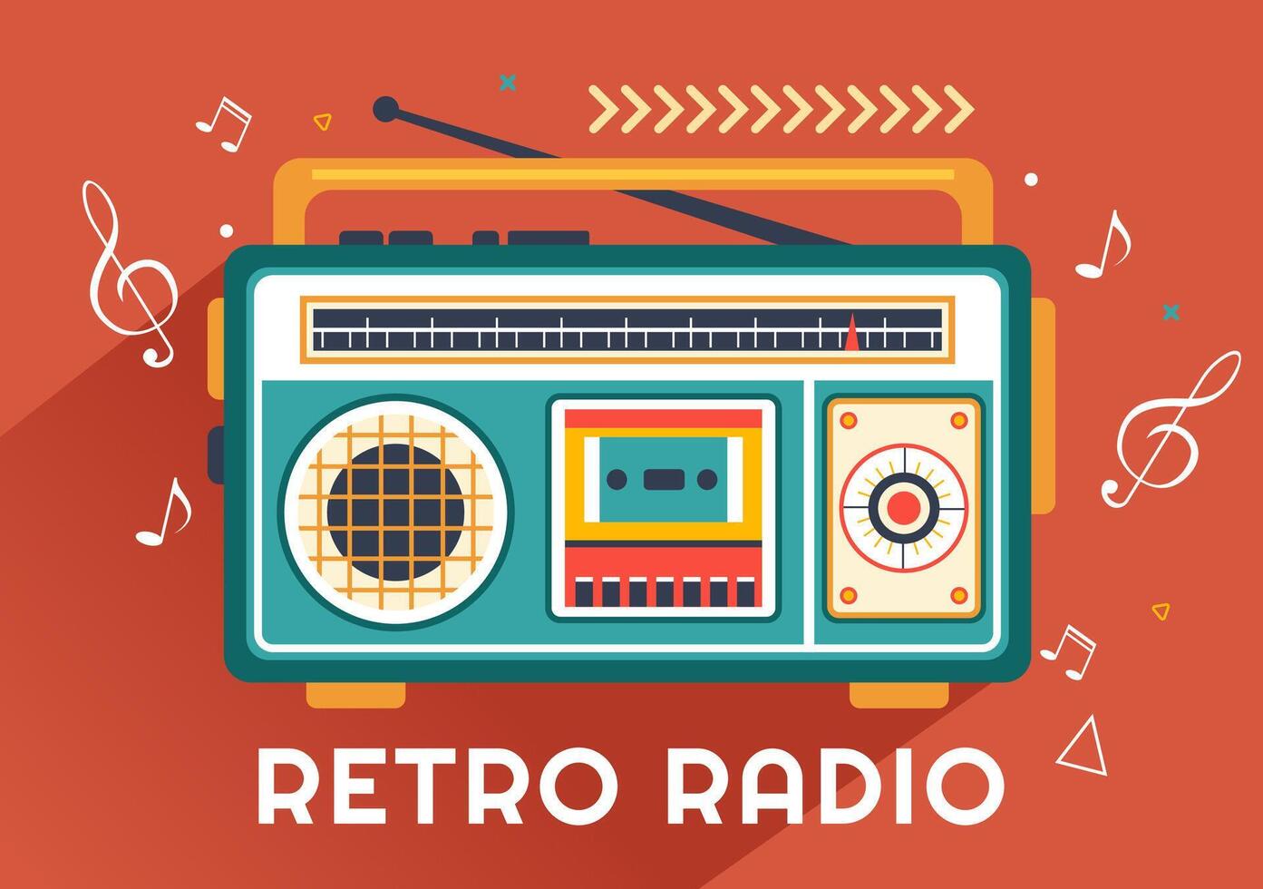 retro Radio Vektor Illustration mit Spieler Stil zum aufzeichnen, alt Empfänger, Interviews Berühmtheit und Hören zu Musik- im eben Karikatur Hintergrund