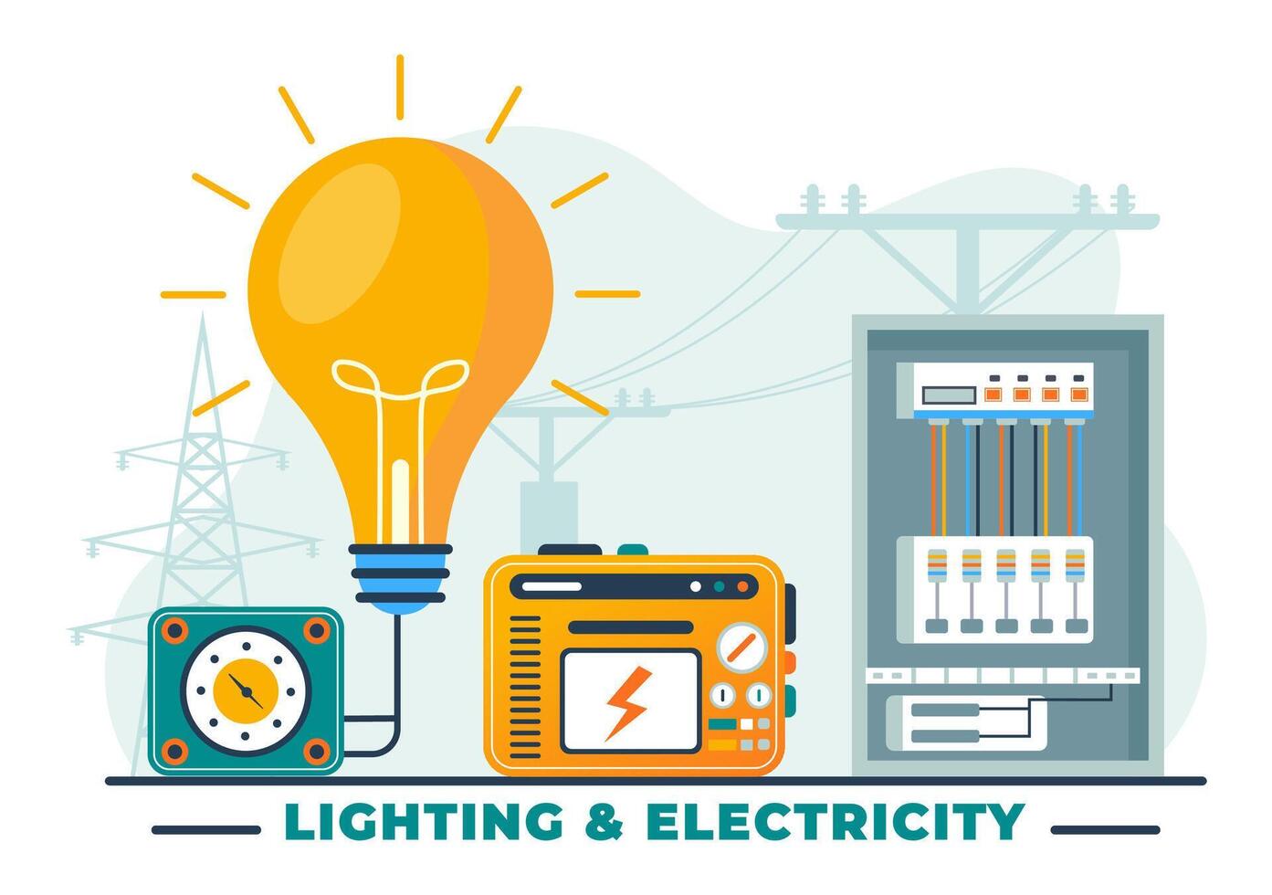 belysning och elektricitet vektor illustration med lampa och energi underhåll service panel skåp av tekniker elektrisk arbete på platt bakgrund