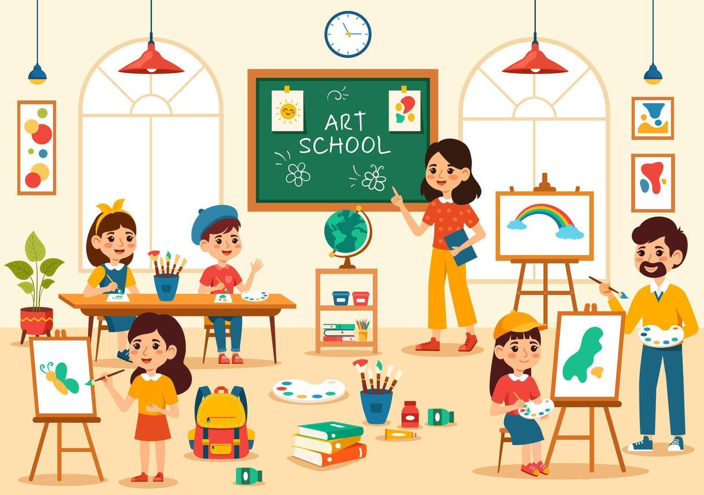 konst skola vektor illustration med barn av målning med leva modell eller objekt använder sig av verktyg och Utrustning i platt tecknad serie bakgrund design
