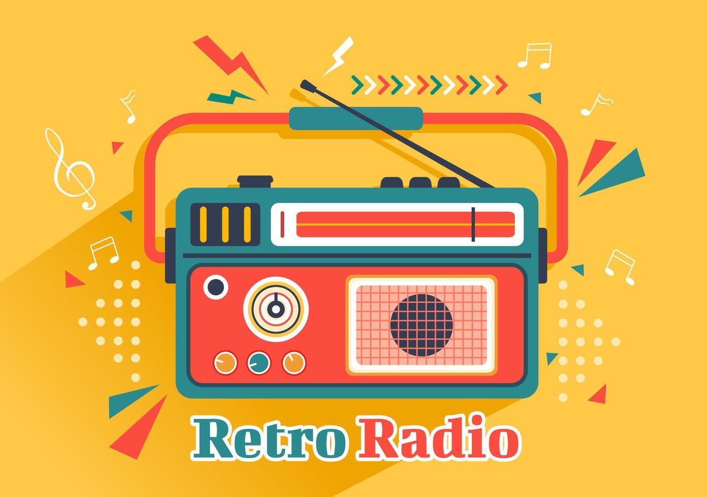 retro Radio Vektor Illustration mit Spieler Stil zum aufzeichnen, alt Empfänger, Interviews Berühmtheit und Hören zu Musik- im eben Karikatur Hintergrund