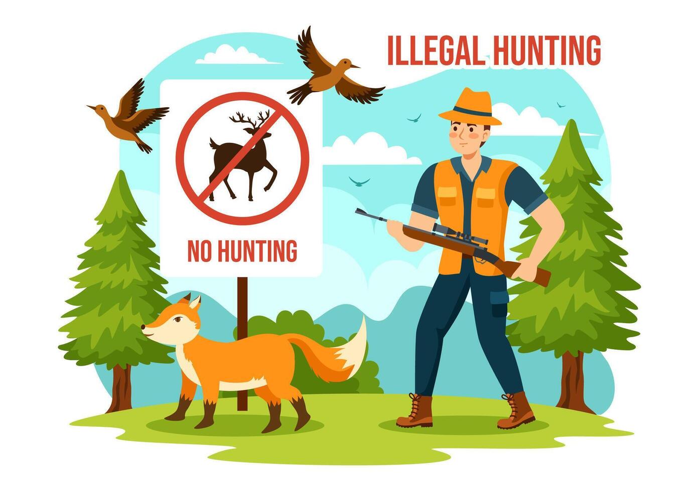 illegal Jagd Vektor Illustration durch Schießen, nehmen wild Tiere und Pflanzen zu verkaufen im eben Karikatur Hintergrund Design