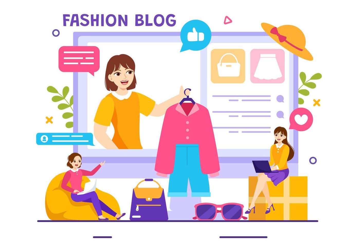 mode blog vektor illustration med bloggare recension videoklipp av modern kläder trender och springa uppkopplad i platt tecknad serie bakgrund stil