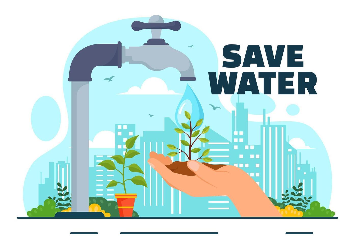 vatten sparande vektor illustration för mineral besparingar kampanj och energi utnyttjande med kran och jord begrepp i platt tecknad serie bakgrund