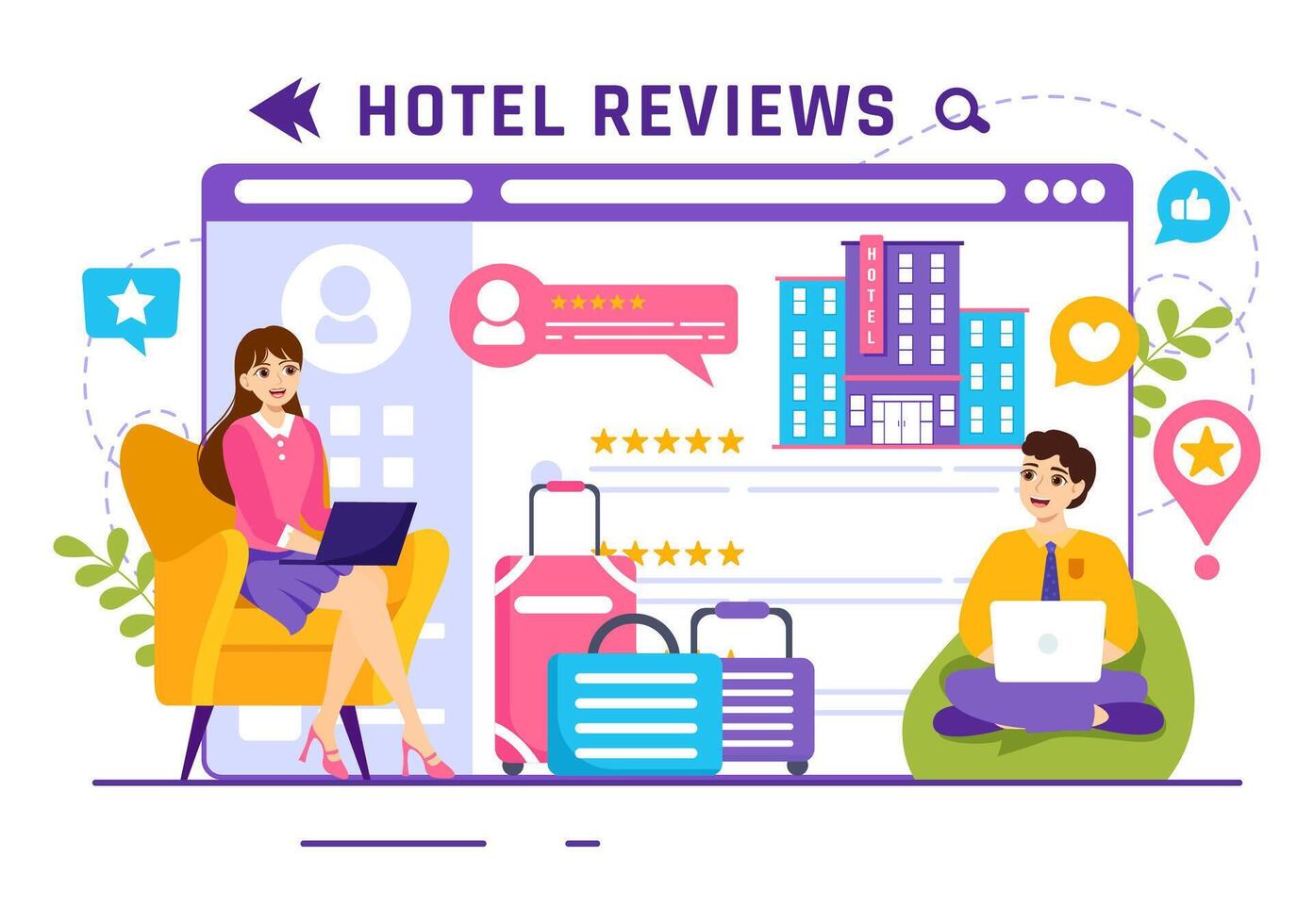 hotell recensioner vektor illustration med betyg service, användare tillfredsställelse till rated kund, produkt eller erfarenhet i platt tecknad serie bakgrund