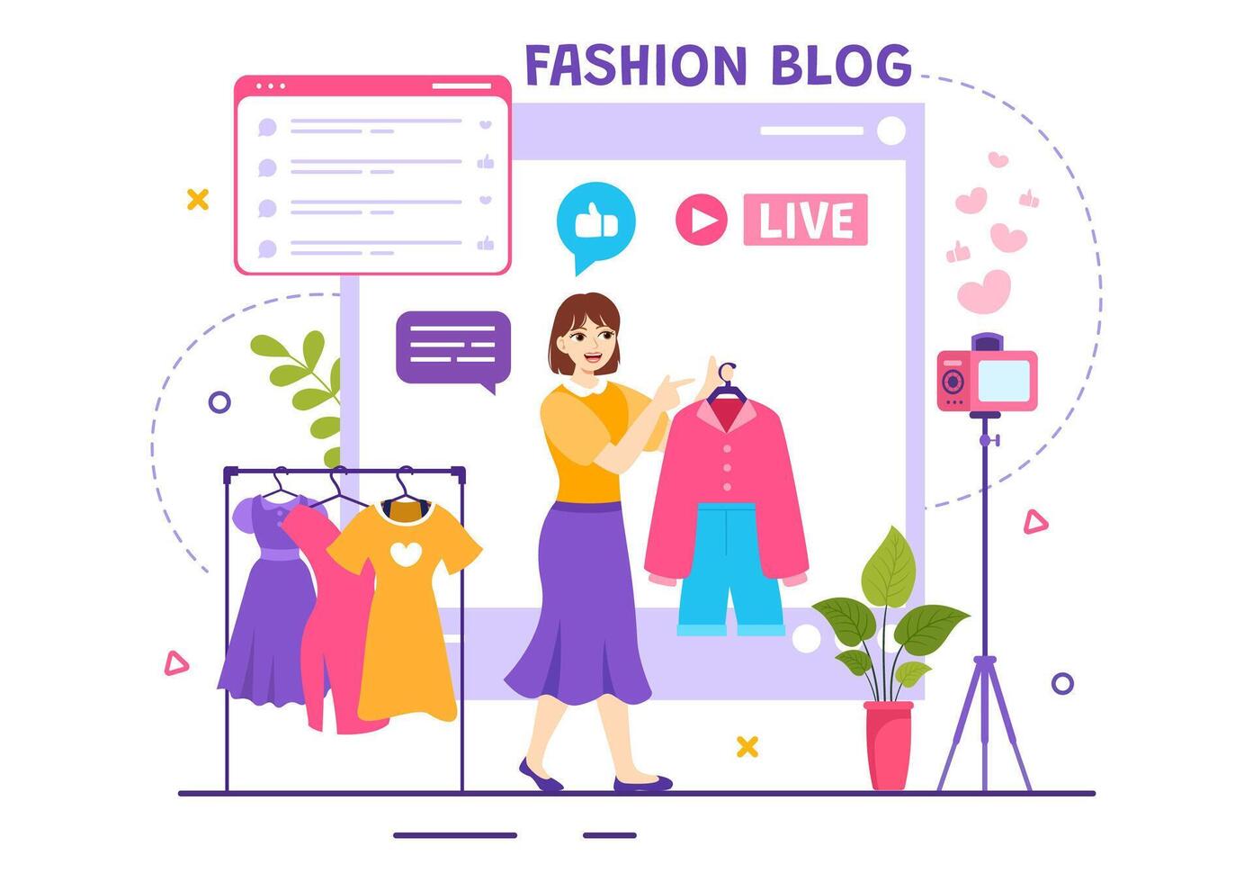 Mode Blog Vektor Illustration mit Blogger Rezension Videos von modisch Kleider Trends und Lauf online im eben Karikatur Hintergrund Stil