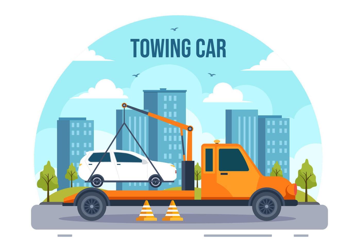 Auto Abschleppen Auto Vektor Illustration mit ein LKW mit Straßenrand Hilfe Bedienung zum verschiedene Fahrzeuge im eben Karikatur Hintergrund Design