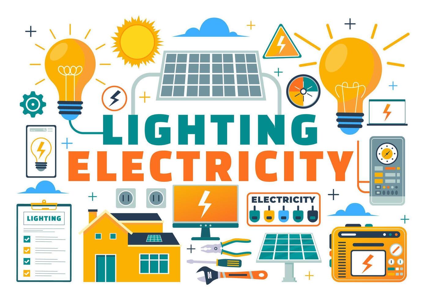 Beleuchtung und Elektrizität Vektor Illustration mit Lampe und Energie Instandhaltung Bedienung Panel Kabinett von Techniker elektrisch Arbeit auf eben Hintergrund