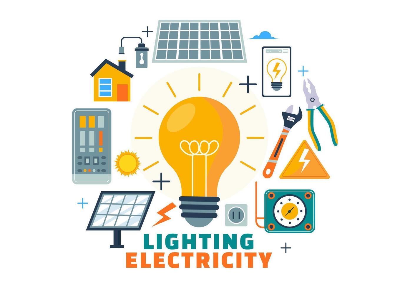 belysning och elektricitet vektor illustration med lampa och energi underhåll service panel skåp av tekniker elektrisk arbete på platt bakgrund
