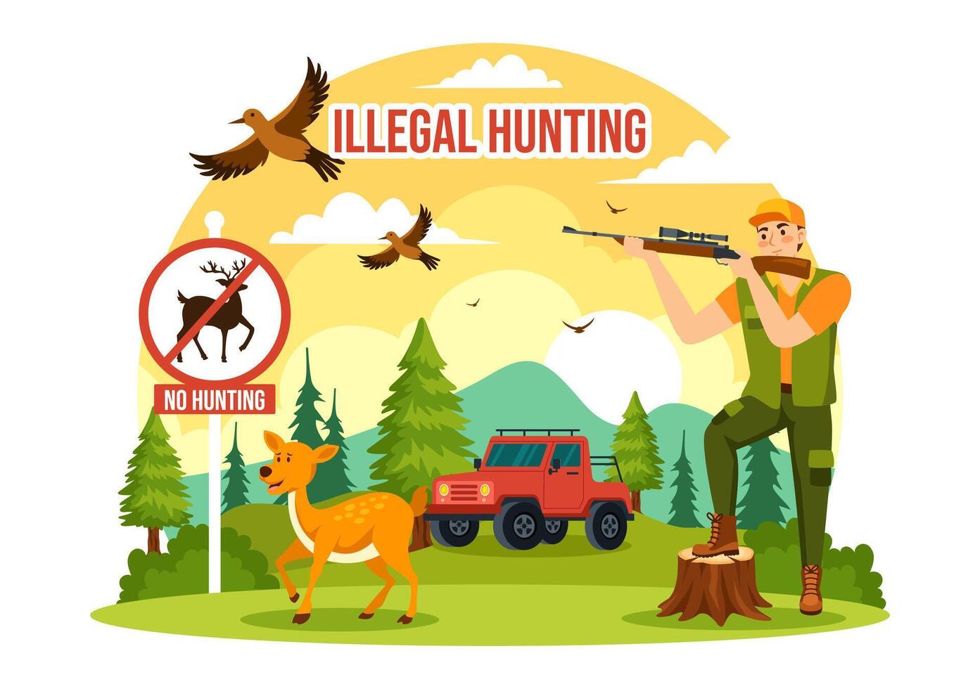 illegal Jagd Vektor Illustration durch Schießen, nehmen wild Tiere und Pflanzen zu verkaufen im eben Karikatur Hintergrund Design