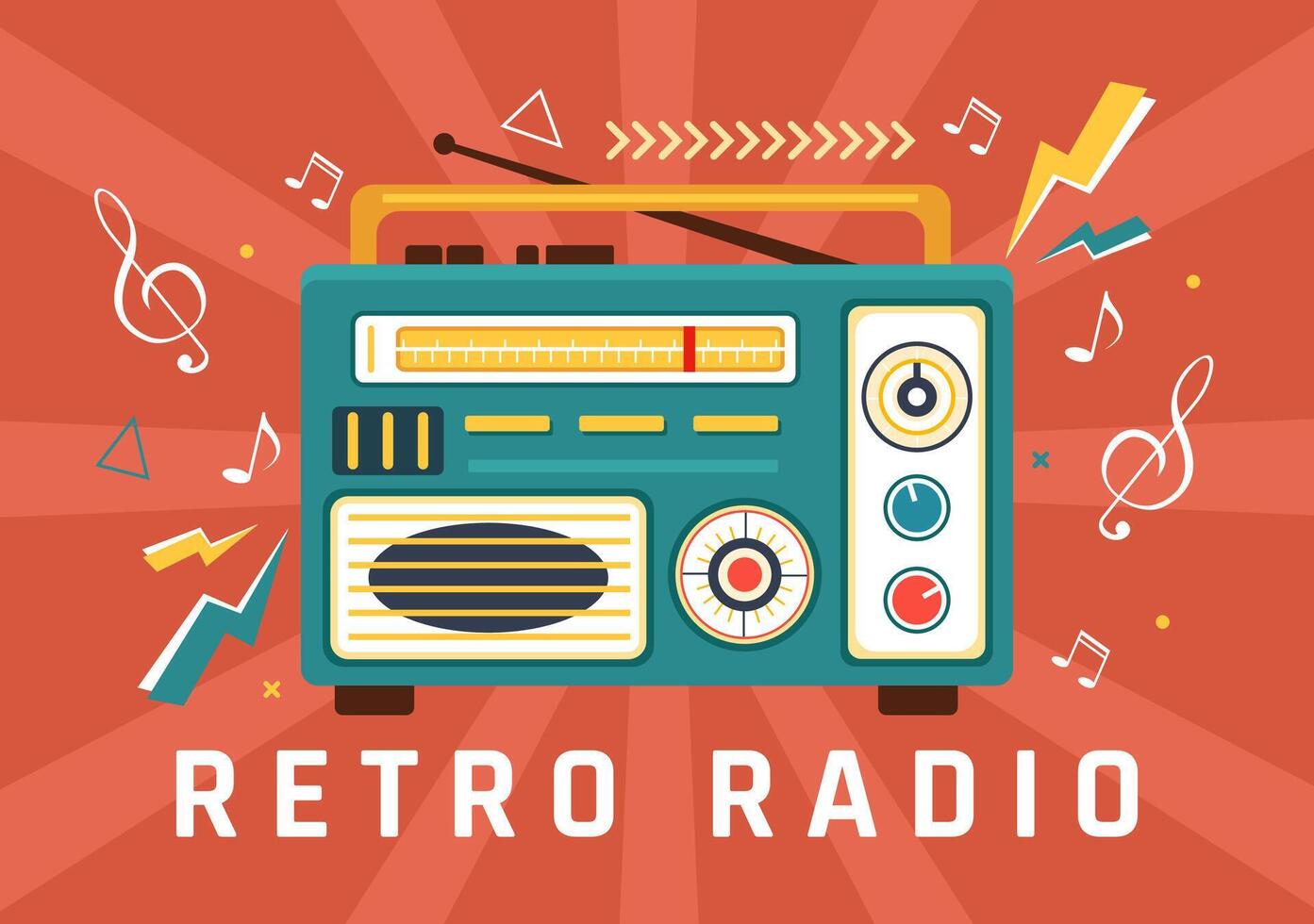 retro Radio Vektor Illustration mit Spieler Stil zum aufzeichnen, alt Empfänger, Interviews Berühmtheit und Hören zu Musik- im eben Karikatur Hintergrund