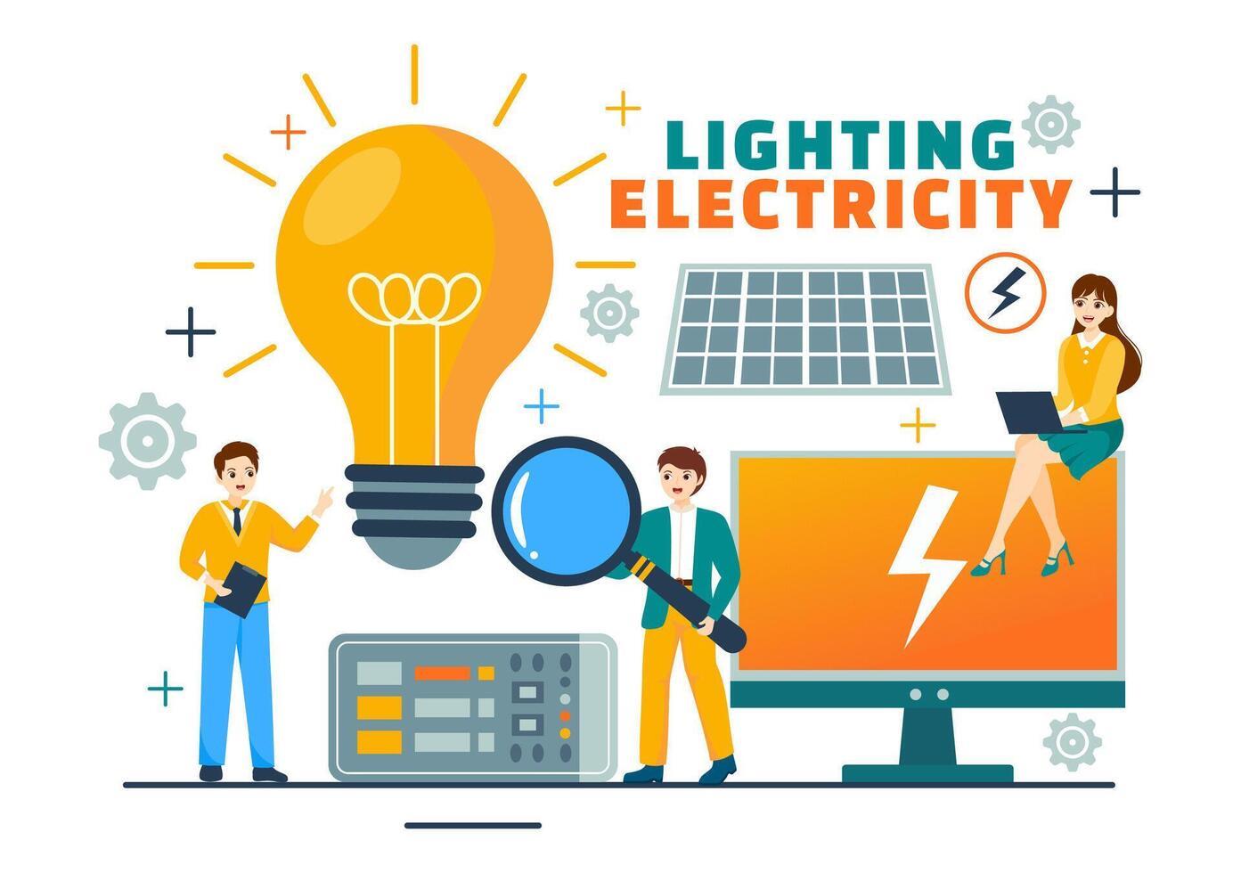 Beleuchtung und Elektrizität Vektor Illustration mit Lampe und Energie Instandhaltung Bedienung Panel Kabinett von Techniker elektrisch Arbeit auf eben Hintergrund