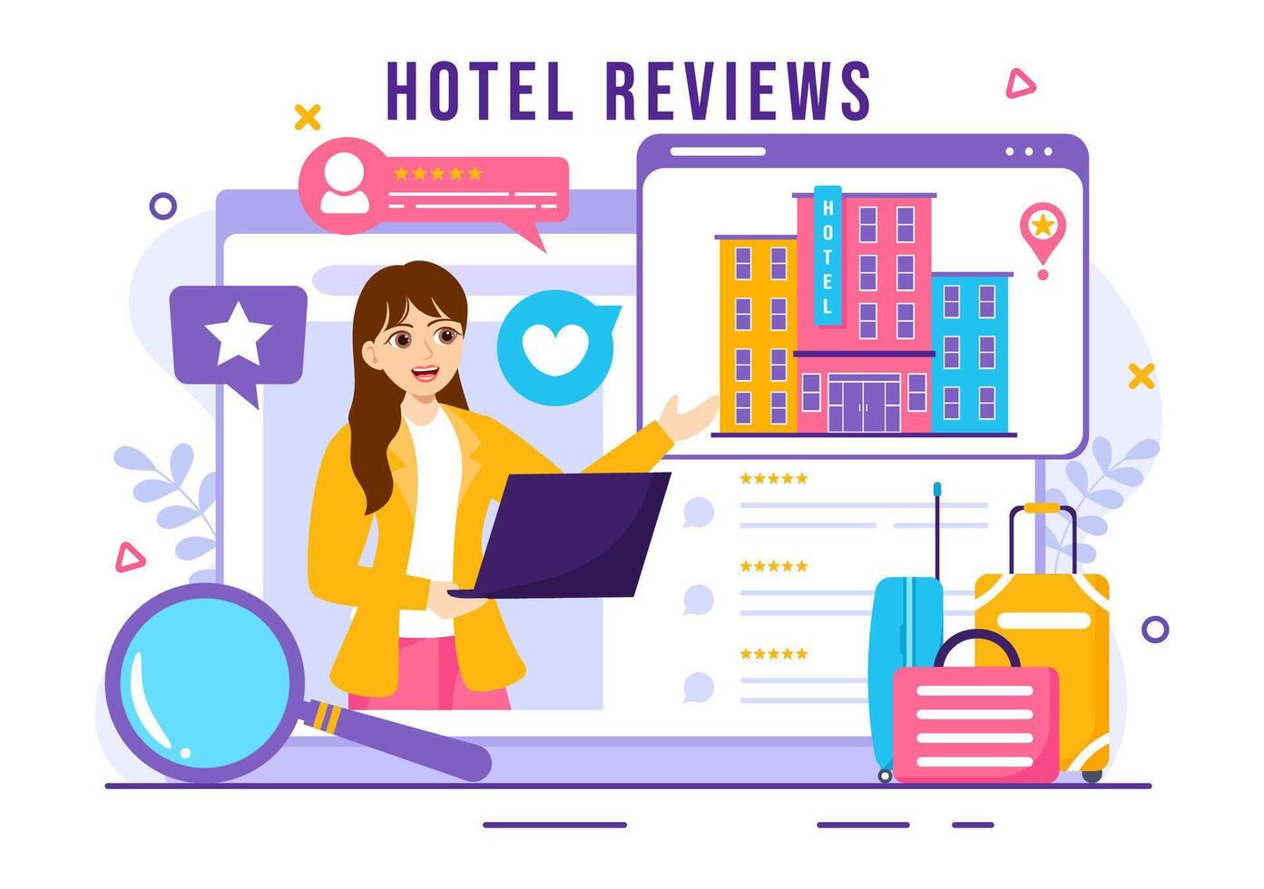 hotell recensioner vektor illustration med betyg service, användare tillfredsställelse till rated kund, produkt eller erfarenhet i platt tecknad serie bakgrund