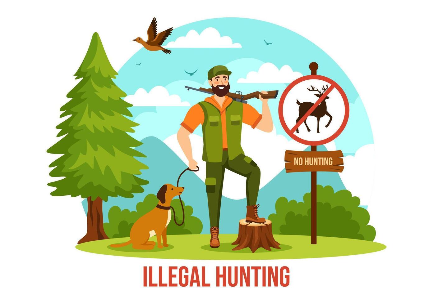 olaglig jakt vektor illustration förbi skytte, tar vild djur och växter till sälja i platt tecknad serie bakgrund design
