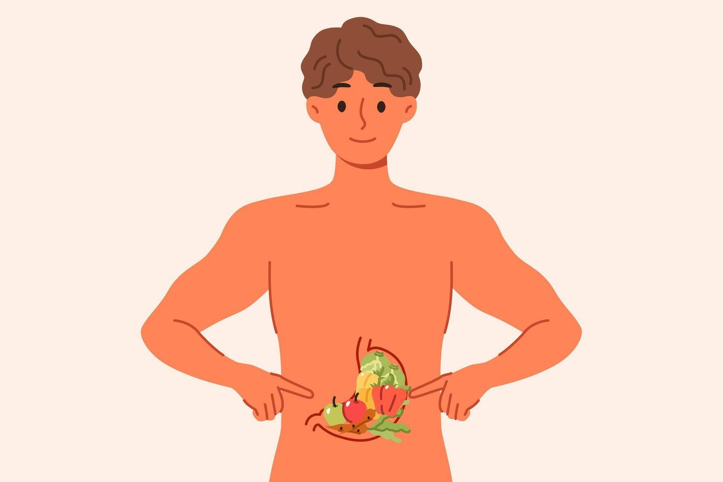 Mann empfiehlt gesund Diät, Punkte zu Gemüse Innerhalb Magen, steht mit nackt Torso vektor