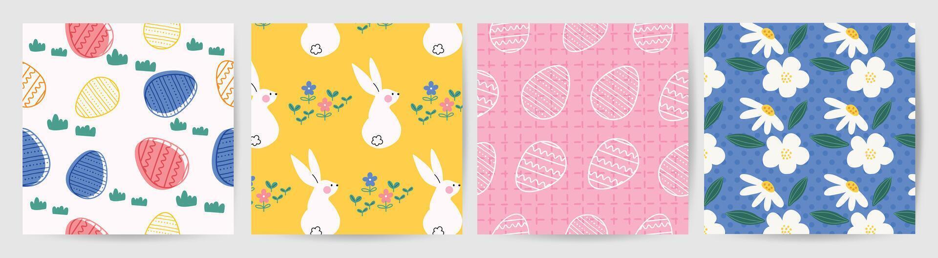 glücklich Ostern nahtlos Muster Vektor. einstellen von Platz Startseite Design mit Ostern Ei, Blume, Hase. Frühling Jahreszeit wiederholt im Stoff Muster zum Drucke, Hintergrund, Abdeckung, Verpackung, Kinder, Anzeigen. vektor