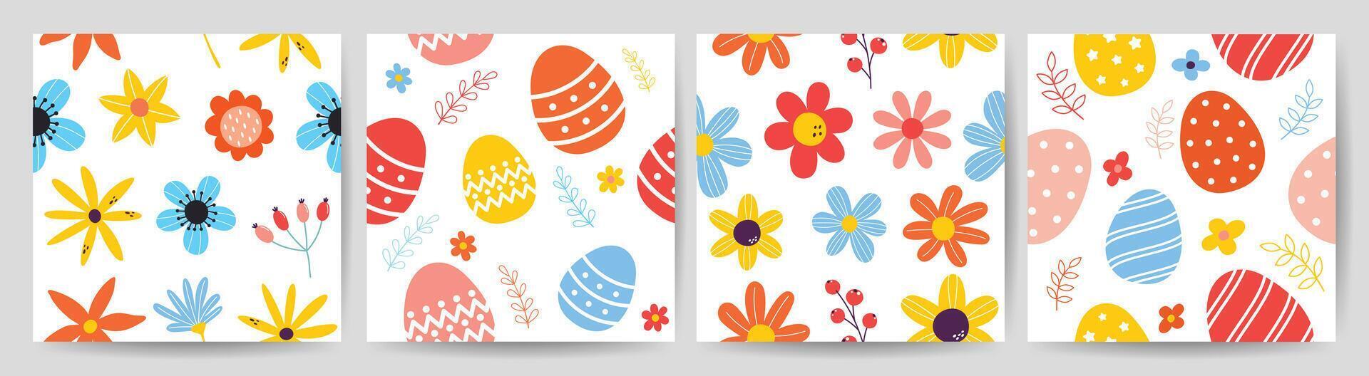 glücklich Ostern nahtlos Muster Vektor. einstellen von Platz Startseite Design mit Ostern Ei, Blume, Laub auf Weiß. Frühling Jahreszeit wiederholt im Stoff Muster zum Drucke, Hintergrund, Abdeckung, Verpackung, Kinder, Anzeigen. vektor