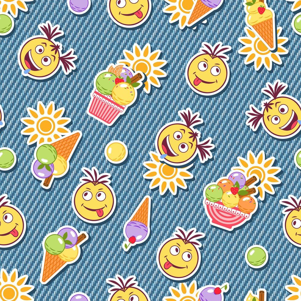 komisch nahtlos Denim Muster mit Aufkleber mit Eis Creme, Emoji Kinder, Sonne Symbol. detailliert Textur von Blau Jeans Stoff auf Hintergrund. Sommer- Design. vektor