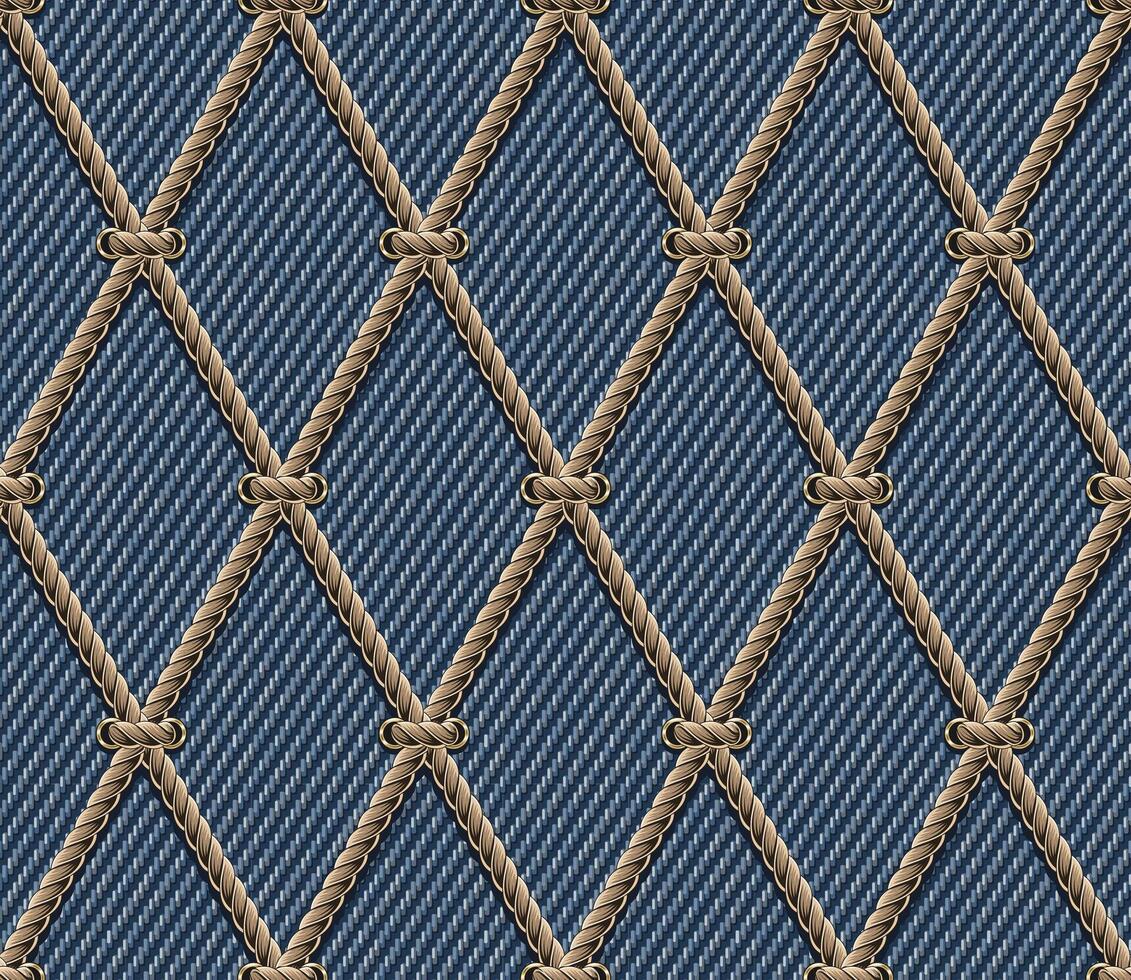 sömlös rutnät mönster med nautisk rep och snörning på blå denim textur. klassisk romb rutnät. årgång stil. inte ai vektor