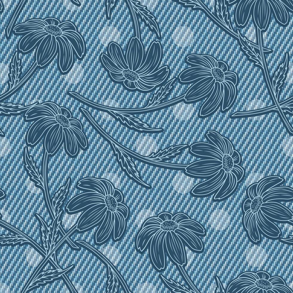 Sommer- einfarbig Denim Muster mit Kamille, Polka Punkt Ornament hinter. Blühen Blumen mit Stengel auf Blau Jeans Textur. groovig, Hippie, naiv Stil zum Kleidung, Stoff, Textil, Design vektor