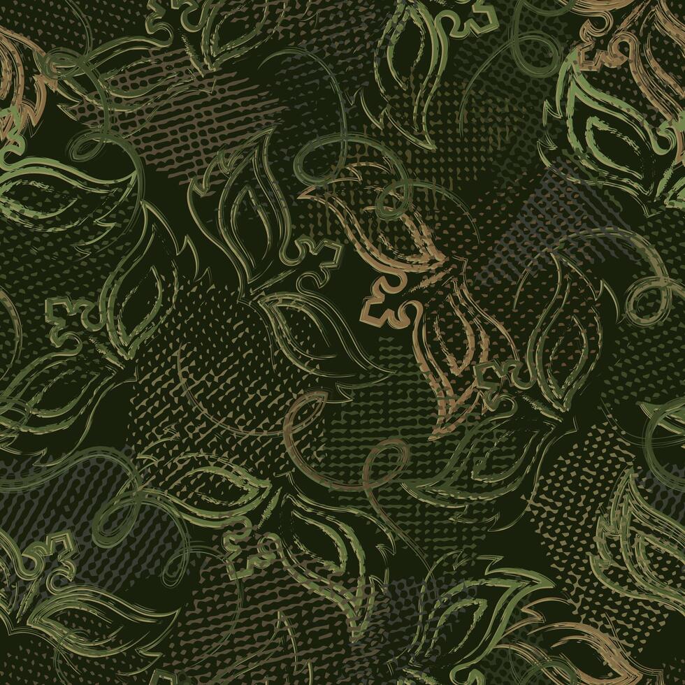 nahtlos khaki Grün tarnen Muster mit zufällig verstreut Karneval Masken, überlappend Tüll Stücke. zufällig Komposition. zum Kleidung, Stoff, Textil, Sport Waren Grunge Textur vektor