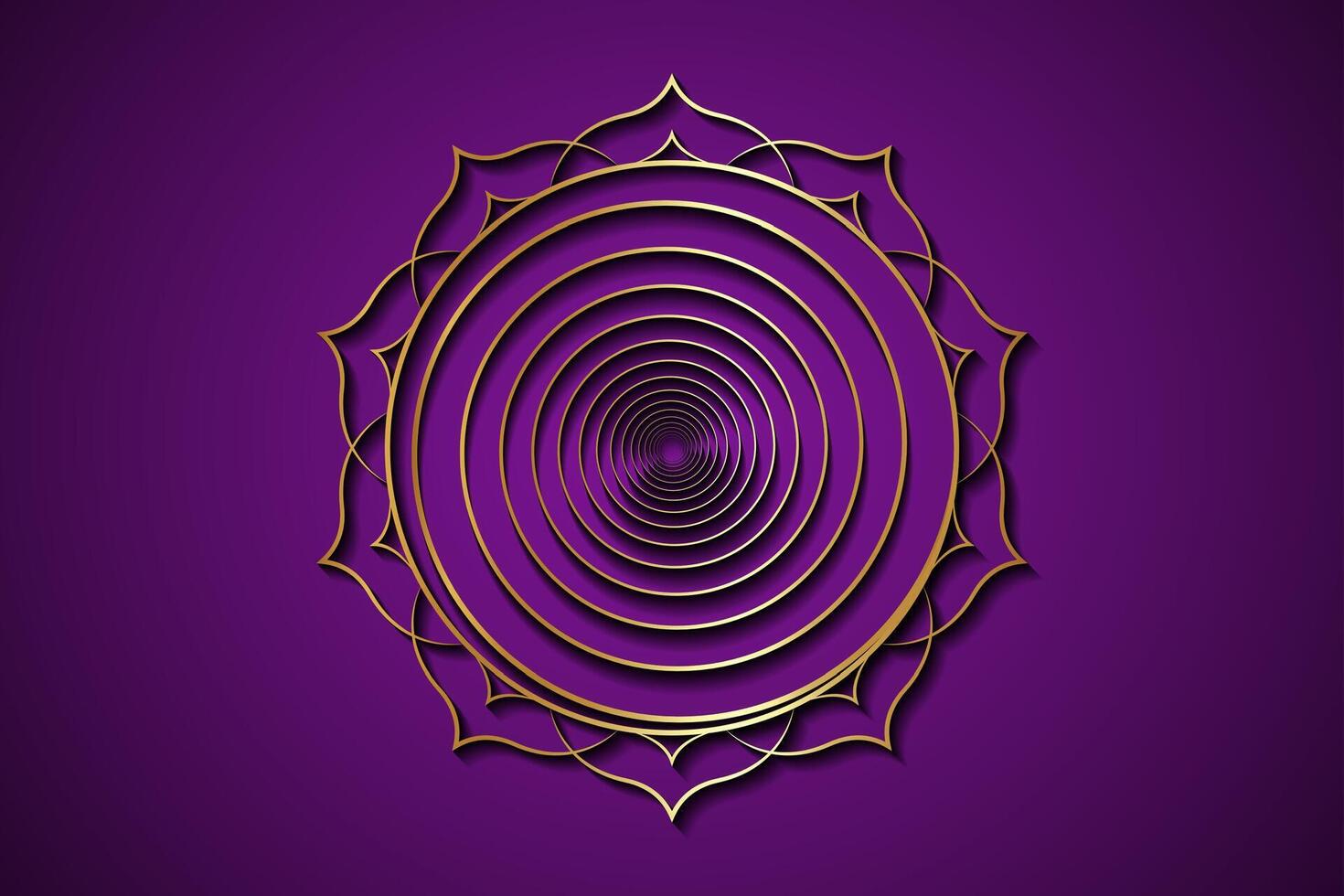 guld spiral på helig lotus ram, lyx logotyp mall. buddhism esoterisk motiv, andlig yoga. gyllene tur- mandala, vektor illustration isolerat på lila bakgrund