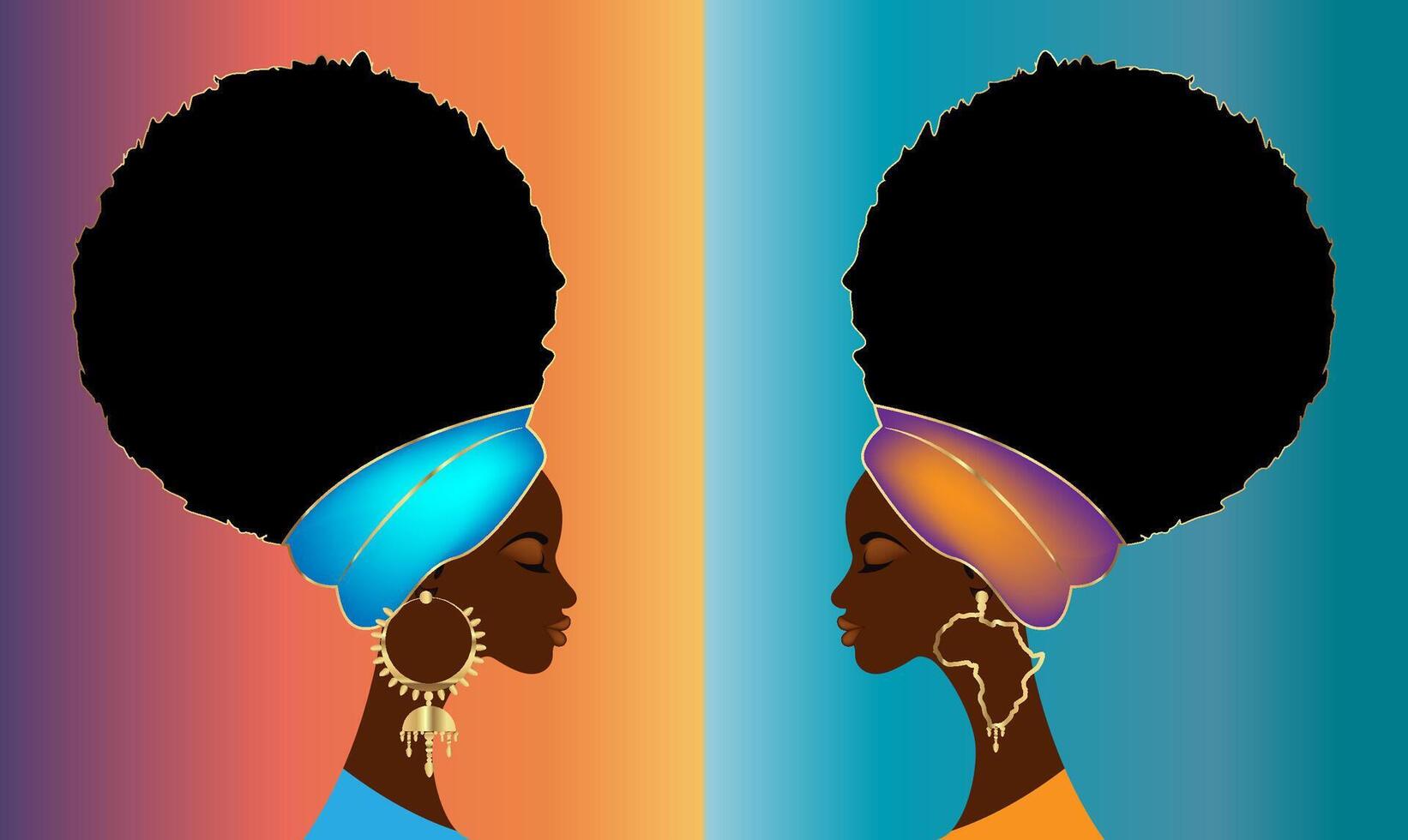 Porträt afrikanisch Frauen im afro lockig Haar, Luxus golden Ohrringe und Turban. Schönheit Mode Vorlage. Vektor Illustration isoliert auf bunt Hintergrund.