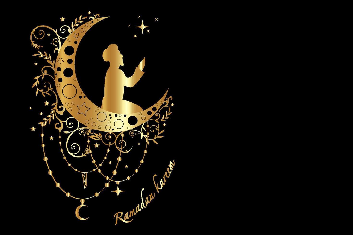 Gold Silhouette von ein Muslim beten auf Abstammung Mond, Ramadan Konzept im Boho Stil. Luxus islamisch Symbol können Sein benutzt zum das Monat von Ramadan zum Logo, Webseite und Poster Entwürfe. Vektor