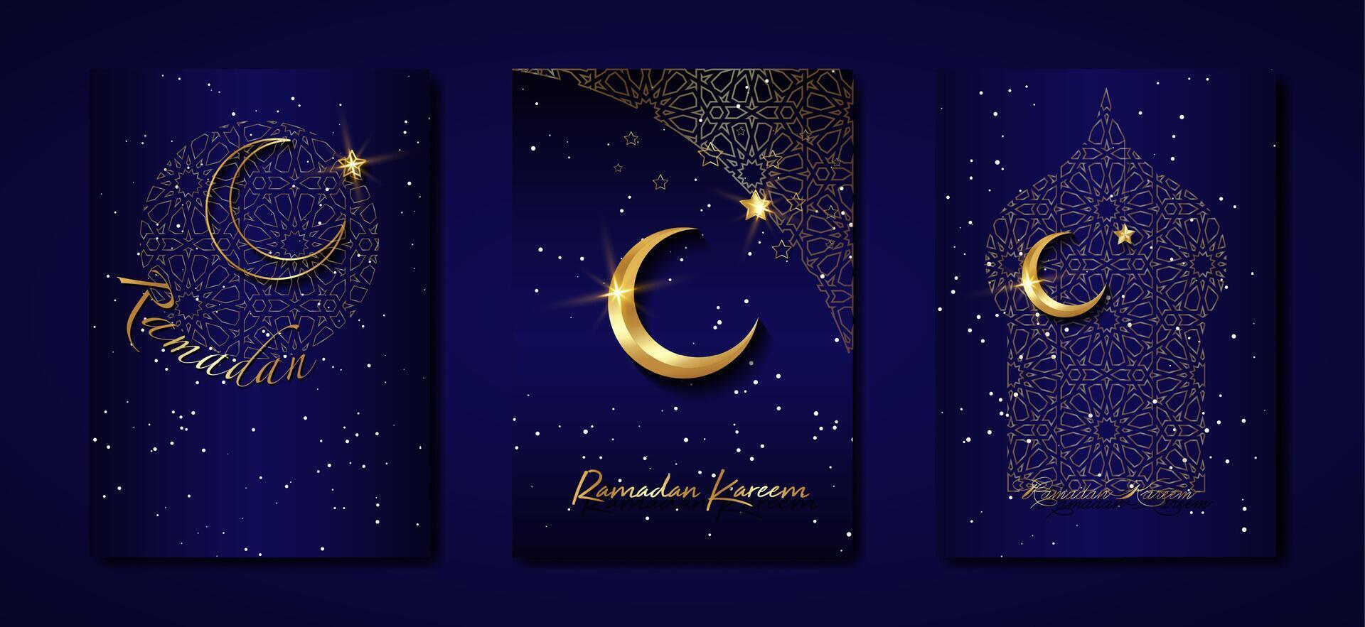 Ramadan kareem 2024 Vektor einstellen Blau Karte. Gold Hälfte Mond auf Blau sternenklar Hintergrund