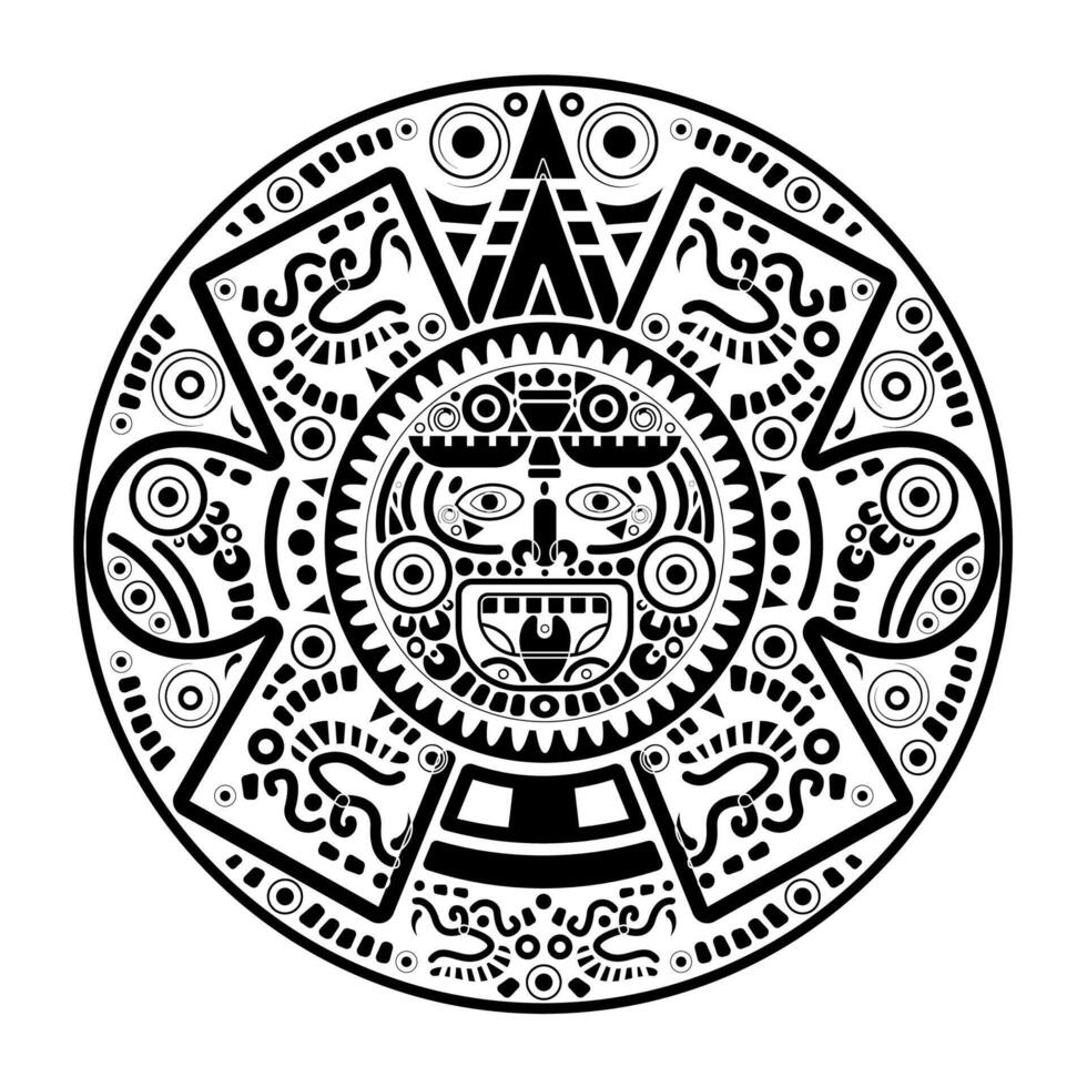 helig aztekisk hjulkalender maya solguden, maya symboler etnisk mask, svart tatuering rund ramkant gammal logotyp ikon vektorillustration isolerad på vit bakgrund vektor