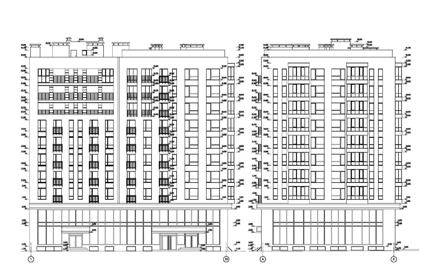 mehrstöckig Gebäude Fassaden, detailliert architektonisch technisch Zeichnung, Vektor Entwurf