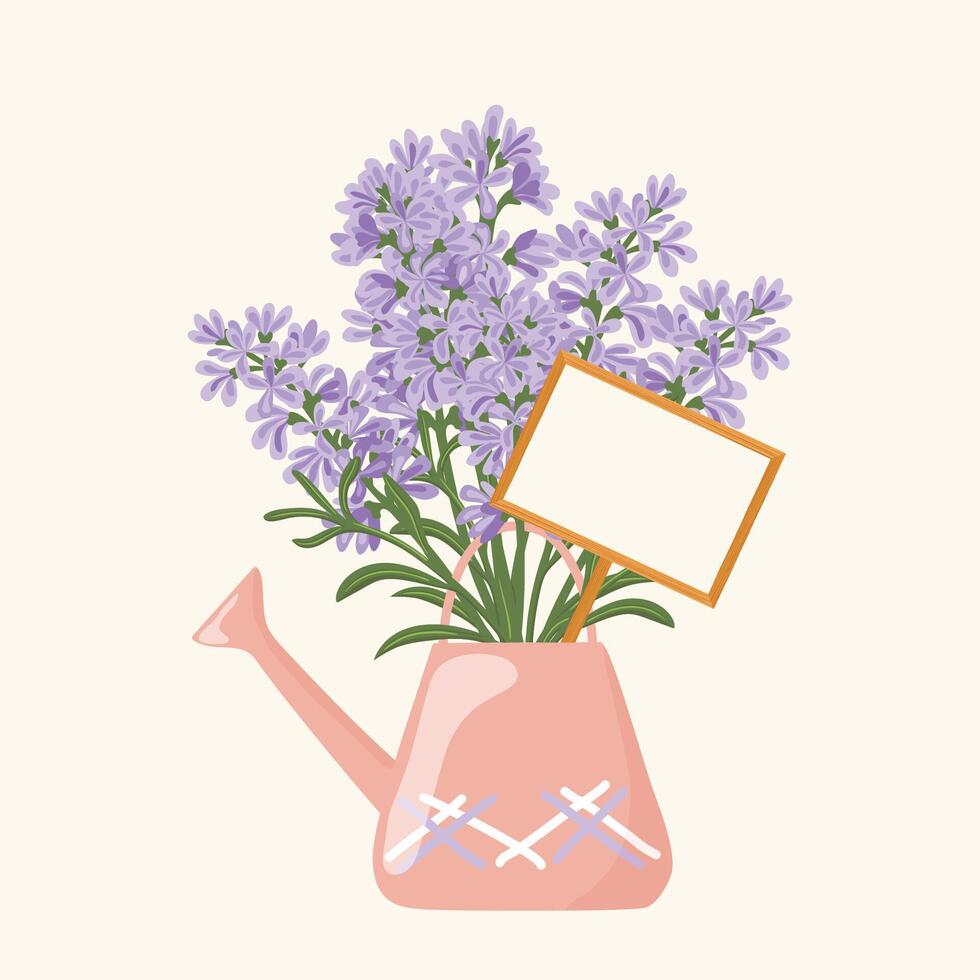 Hand gezeichnet Vektor Illustration von violett Lavendel Blumen Strauß im ein Bewässerung können mit ein Teller zum Ihre Text