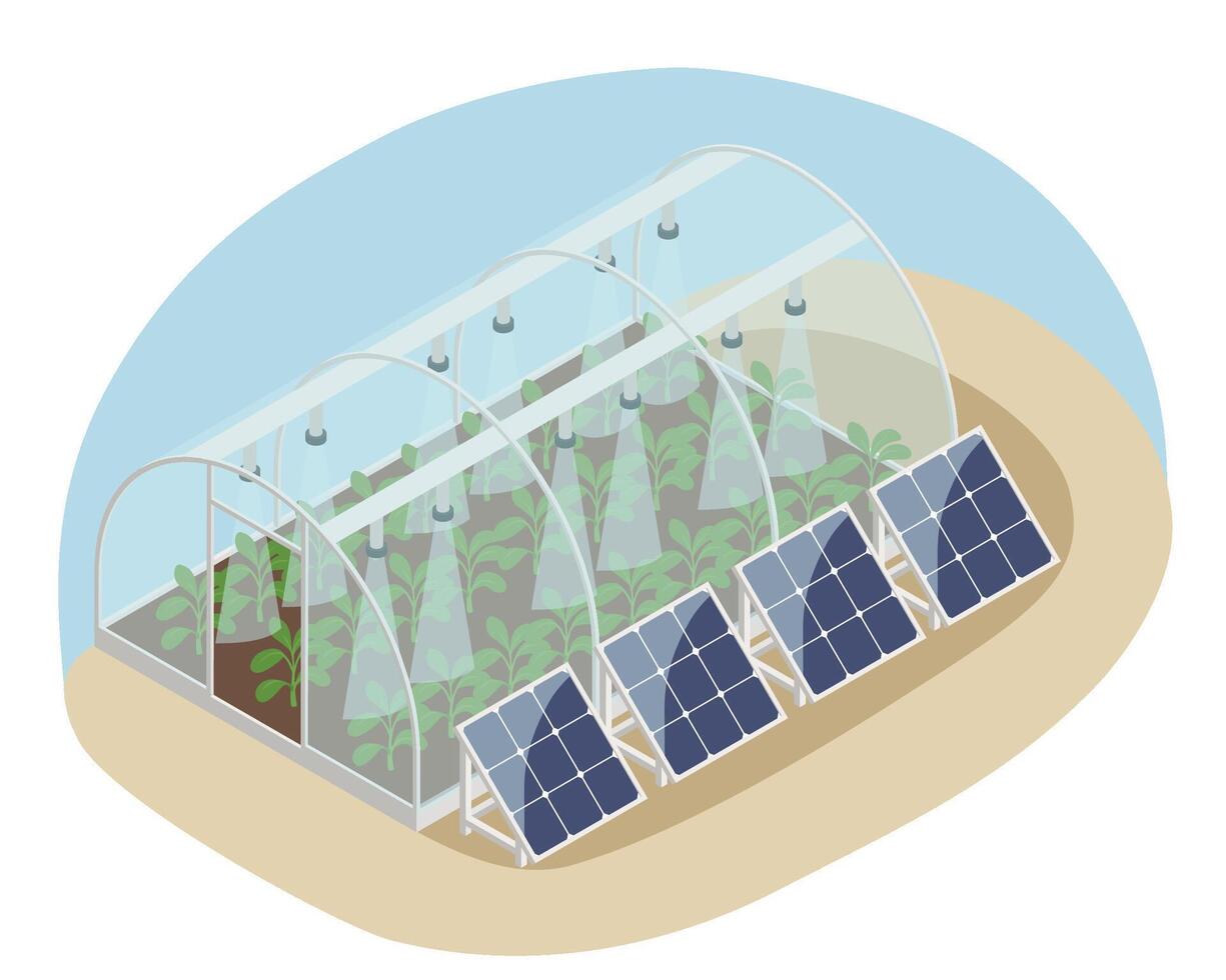 Clever Bauernhof Gewächshaus mit Hydrokultur. isometrisch Vektor Illustration