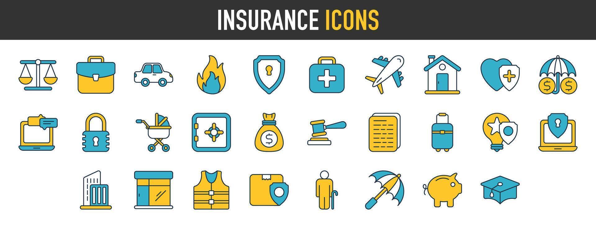 Versicherung Symbol Satz. enthält Gesundheitswesen medizinisch, Leben, Auto, Haus, Pflege, Reise Symbole. solide Symbole Vektor Illustration.