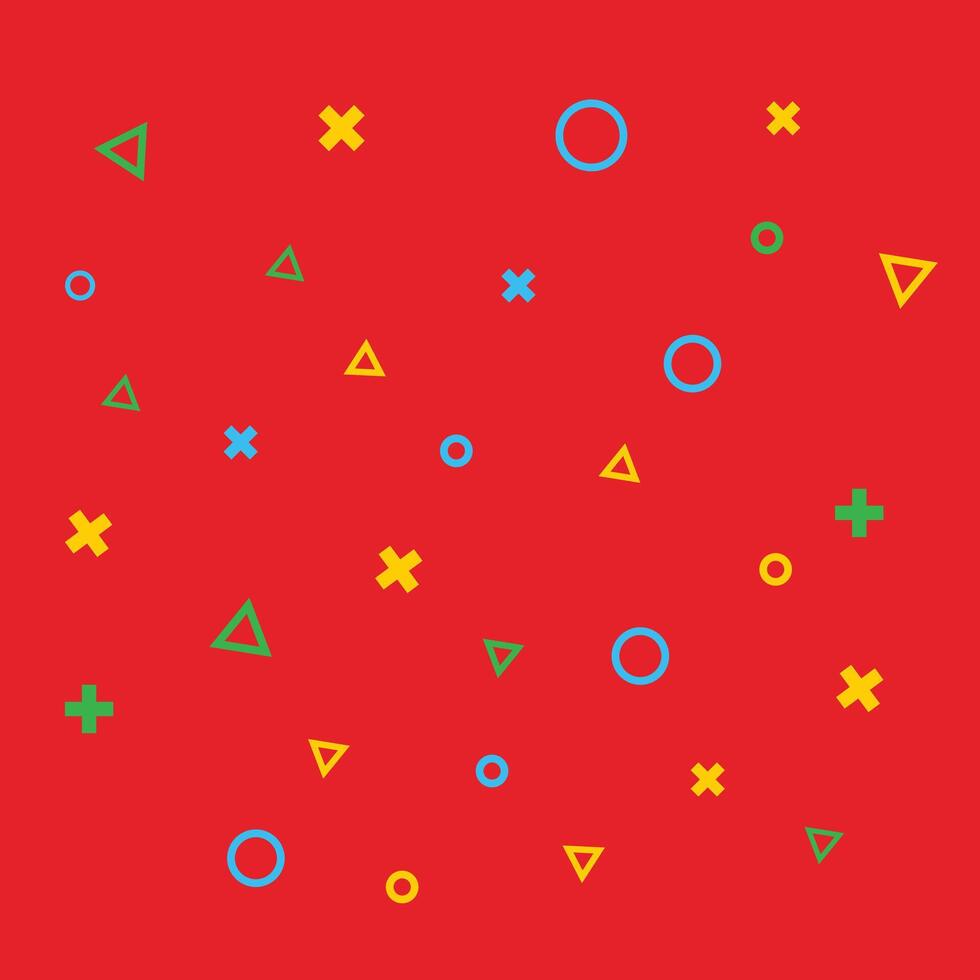 färgrik vektor hipster mönster med grön blå gul geometrisk ikoner på röd bakgrund. linje, fyrkant, triangel, cirkel form. retro 80-90-tal mönster bakgrund