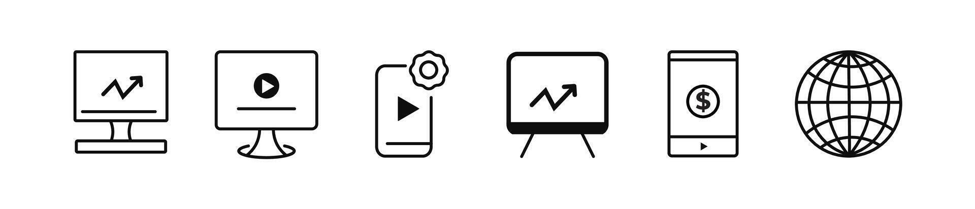 Digital Gerät dünn Linie editierbar Symbol einstellen oder Symbol, Internet Netz Symbol, Computer, Handy, Mobiltelefon Telefon Symbol, Video Chronist Symbol Vektor