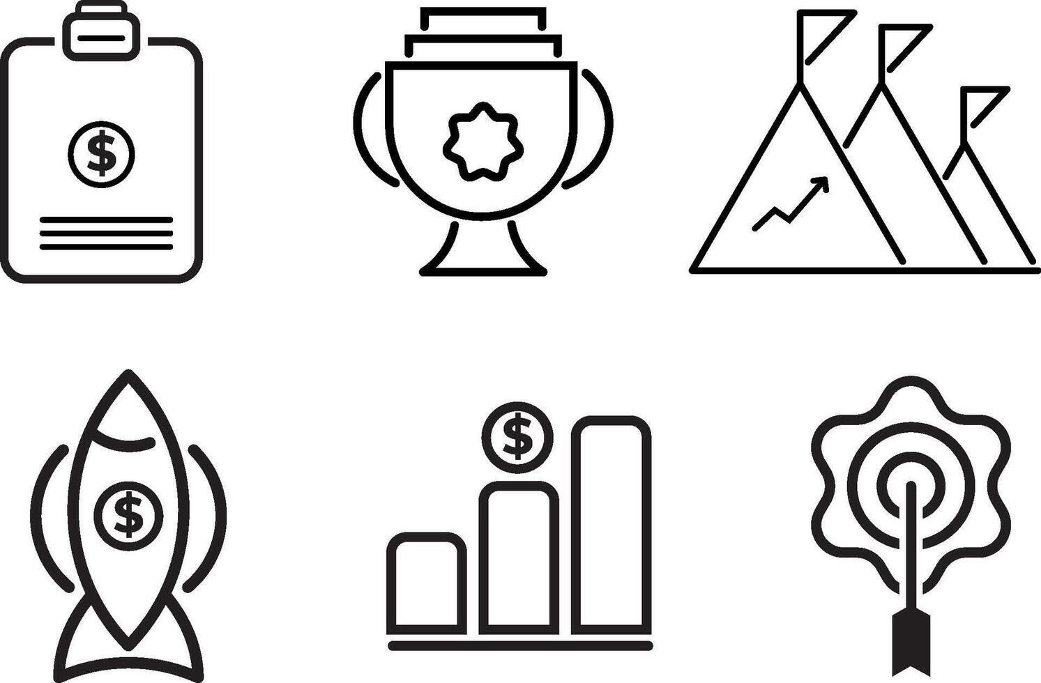 Auszeichnungen Linie Symbole Satz. vergeben, Trophäe Tasse, Geschäft Wachstum Symbol, Ziel, Geld, Rakete Symbol, Vektor Symbol