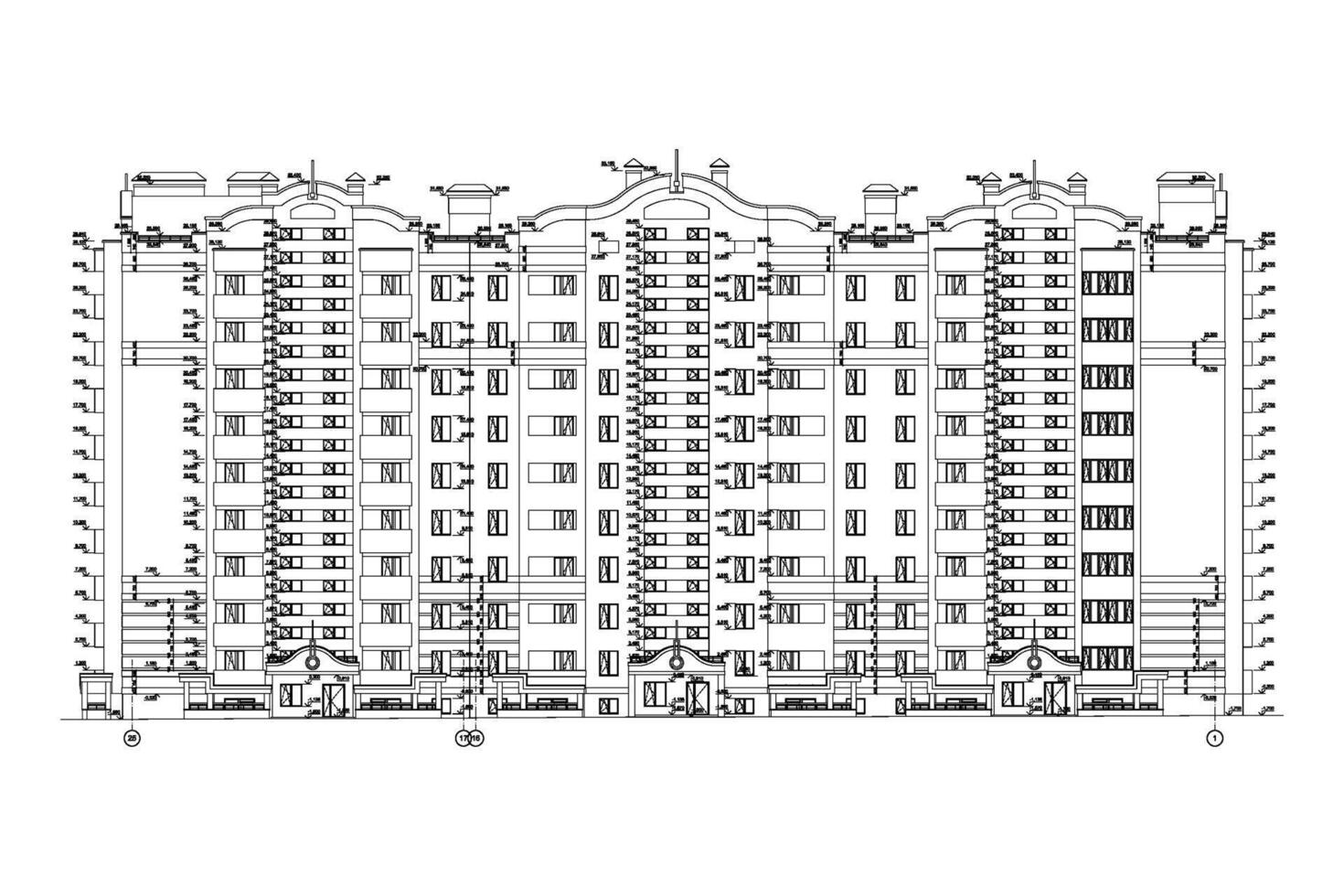 flervånings- byggnad Fasad, detaljerad arkitektonisk teknisk teckning, vektor plan